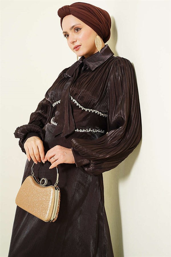Dark Brown Embellished Evening Dress with Bow Collar