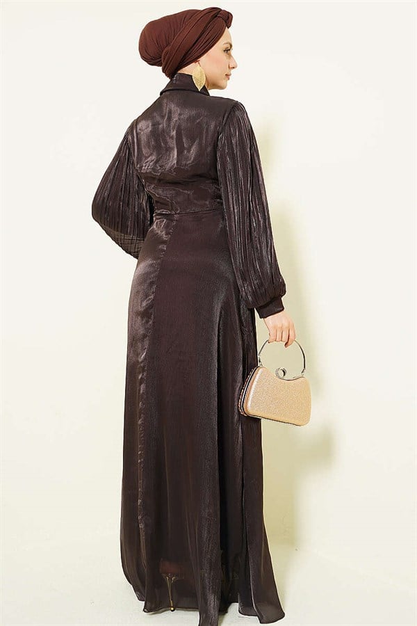 Dark Brown Embellished Evening Dress with Bow Collar