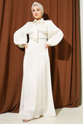 Cream Embellished Evening Dress with Bow Collar