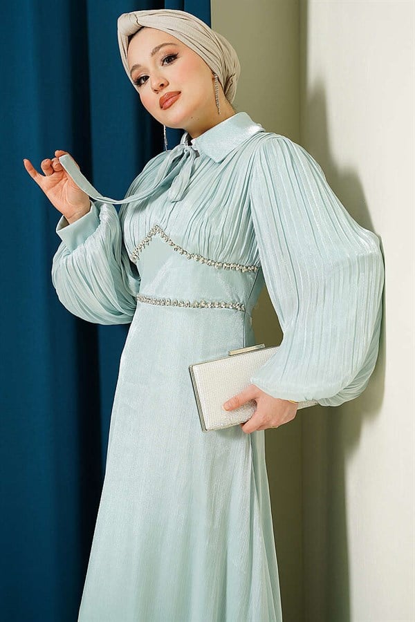 Sea Green Embellished Evening Dress with Bow Collar