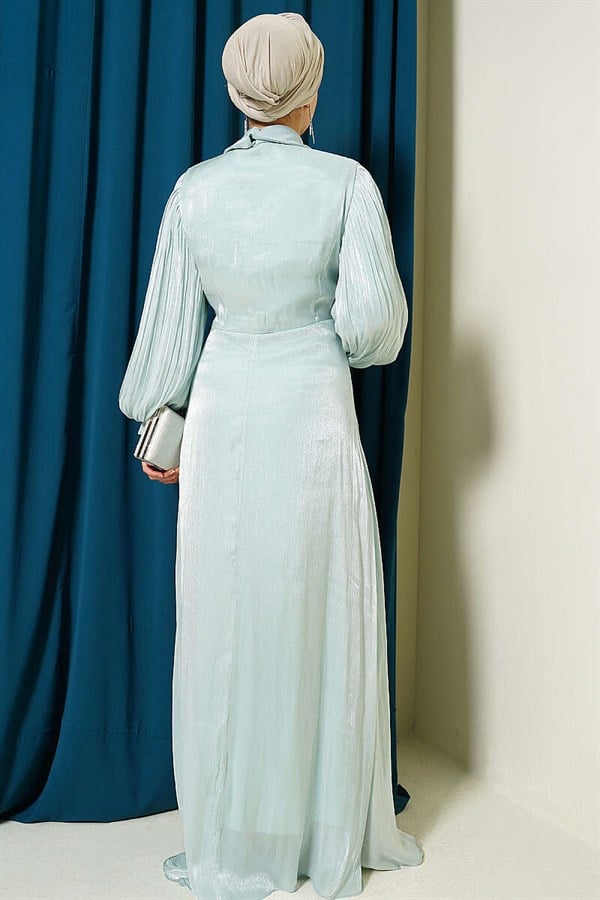 Sea Green Embellished Evening Dress with Bow Collar