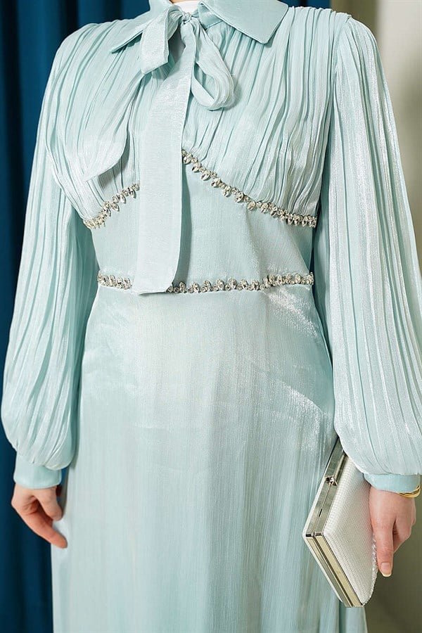 Sea Green Embellished Evening Dress with Bow Collar