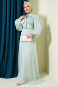 Sea Green Embellished Evening Dress with Bow Collar