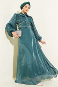 Emerald Green Embellished Evening Dress with Bow Collar