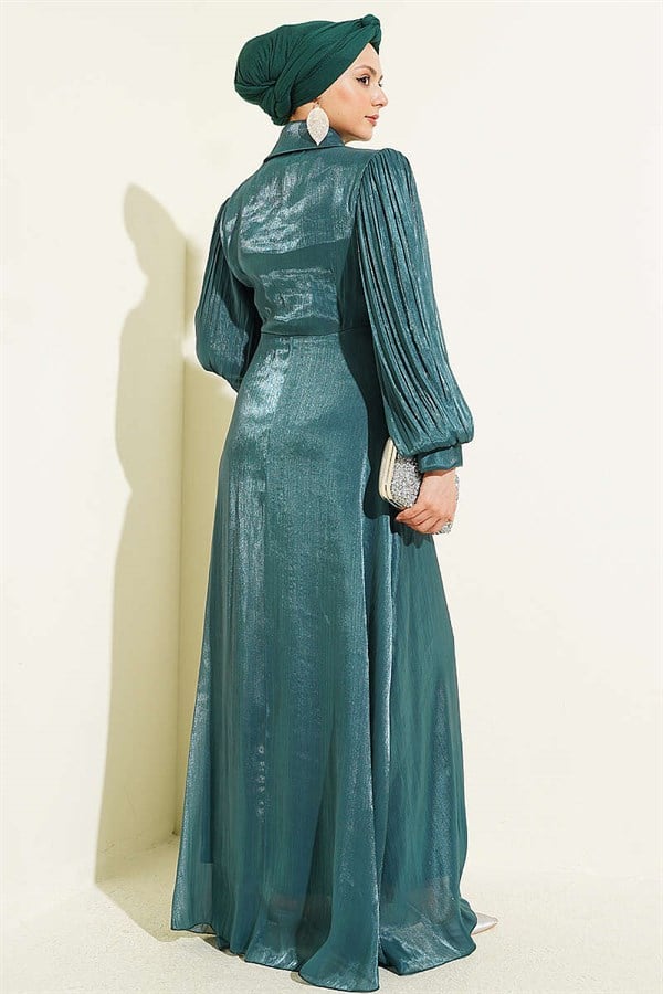 Emerald Green Embellished Evening Dress with Bow Collar