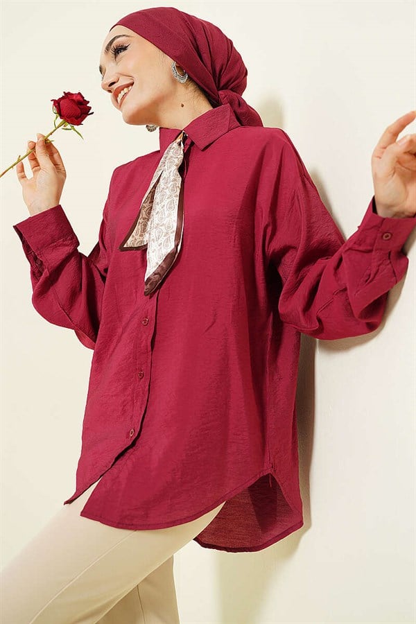 Basic Shirt with Neck Scarf, Burgundy