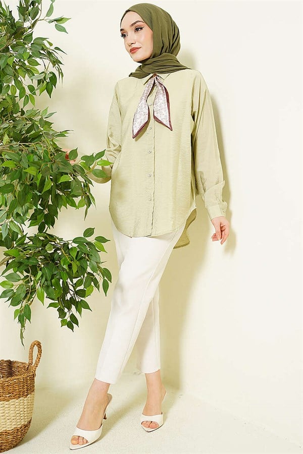 Basic Shirt with Neck Scarf, Light Green