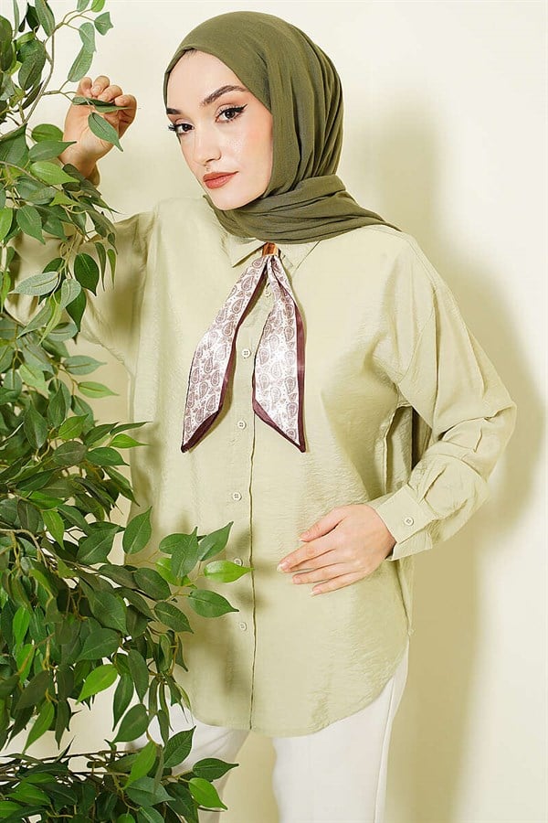 Basic Shirt with Neck Scarf, Light Green