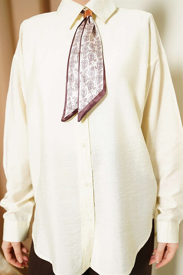 Basic Shirt with Neck Scarf, Cream
