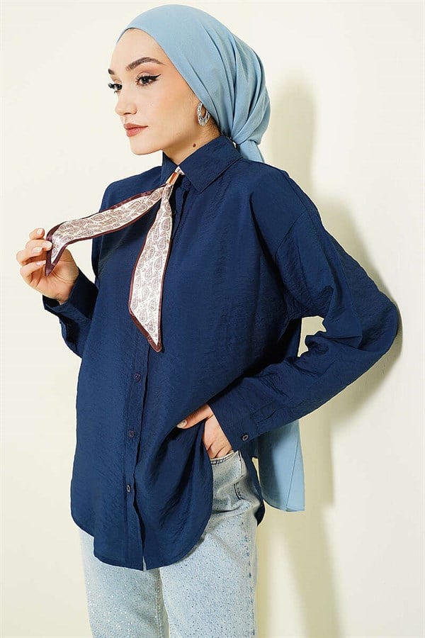 Navy Basic Shirt with Neck Scarf