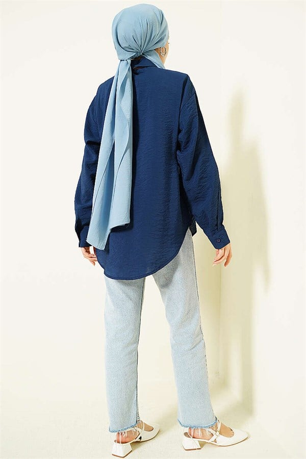 Navy Basic Shirt with Neck Scarf