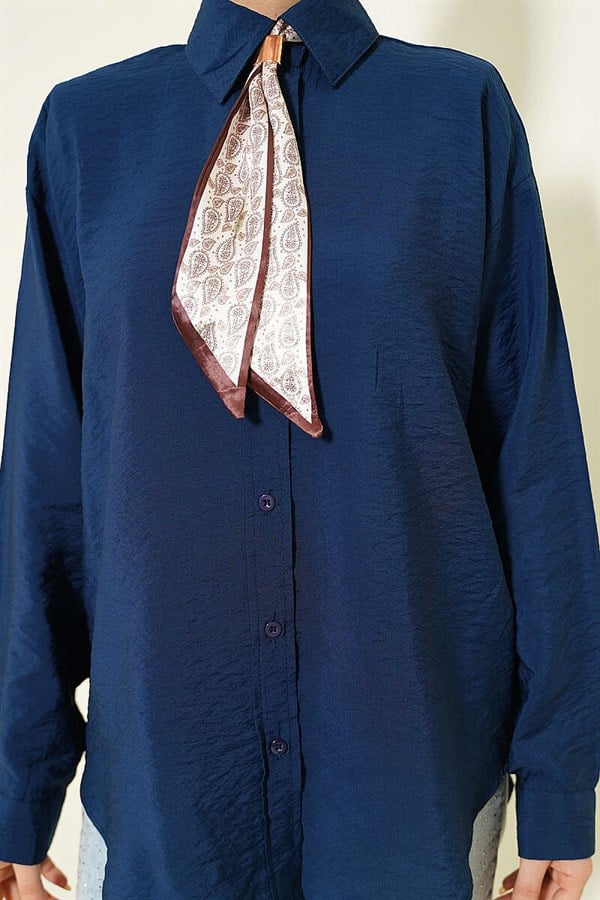 Navy Basic Shirt with Neck Scarf