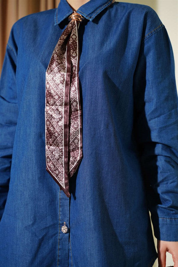 Denim 2 Piece Set with Collar Scarf and Stone Buttons, Blue