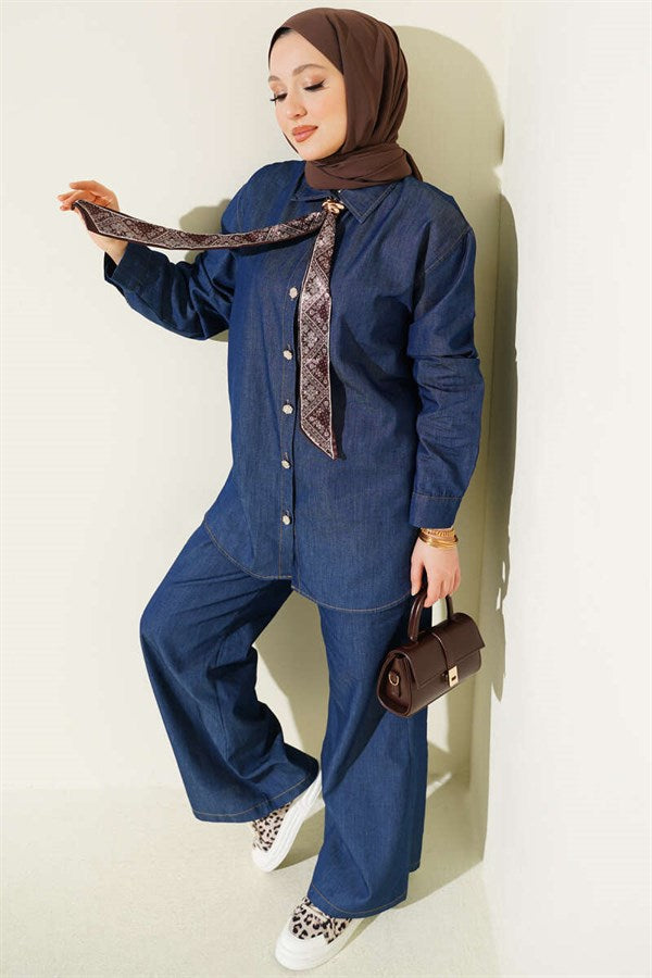 Navy Blue Denim 2 Piece Set with Collar Scarf and Stone Buttons