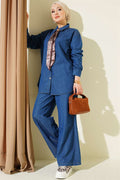 Denim 2 Piece Set with Collar Scarf and Stone Buttons, Blue