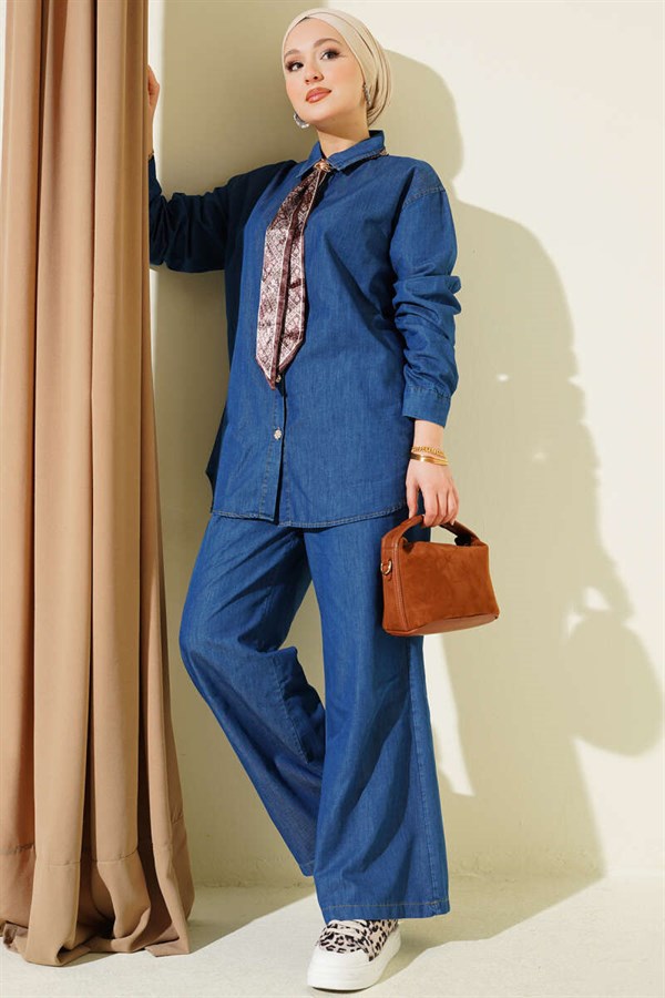 Denim 2 Piece Set with Collar Scarf and Stone Buttons, Blue