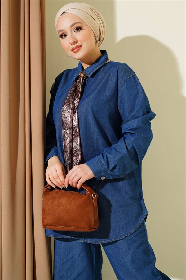 Denim 2 Piece Set with Collar Scarf and Stone Buttons, Blue