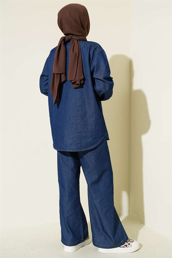 Navy Blue Denim 2 Piece Set with Collar Scarf and Stone Buttons