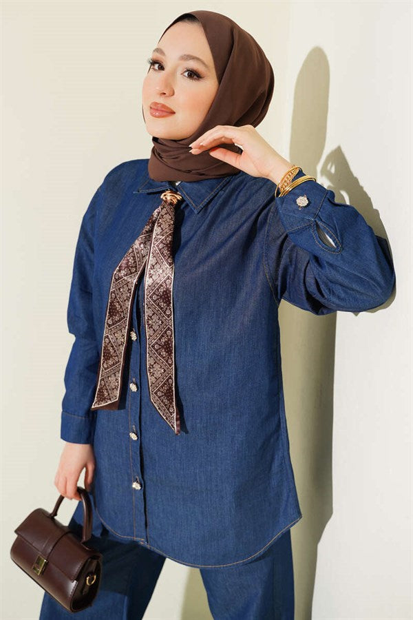 Navy Blue Denim 2 Piece Set with Collar Scarf and Stone Buttons