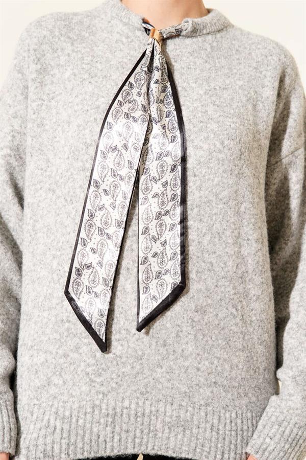 Gray Knitted Sweater with Neck Scarf