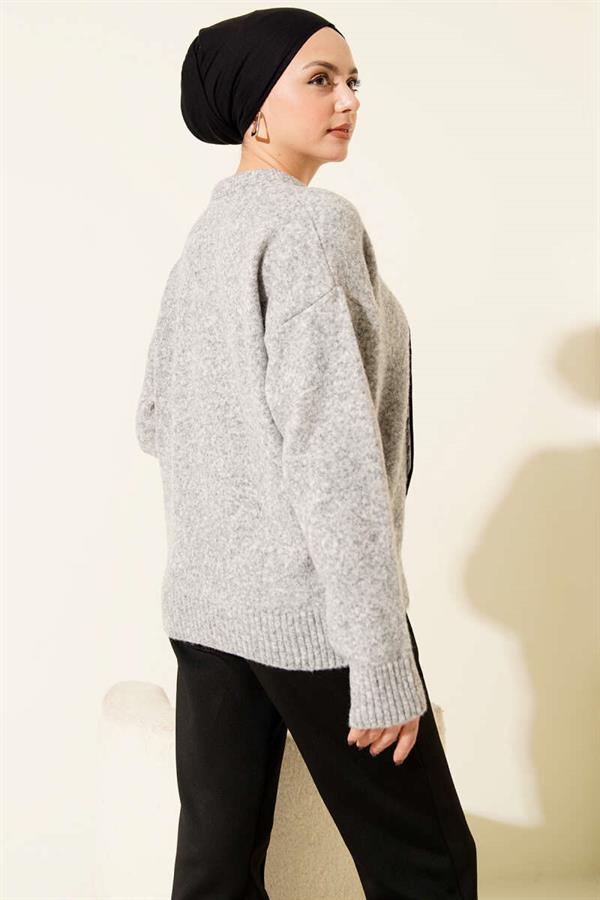 Gray Knitted Sweater with Neck Scarf