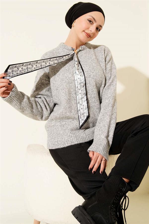 Gray Knitted Sweater with Neck Scarf