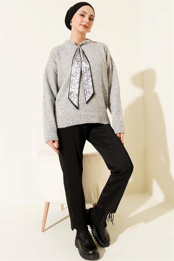 Gray Knitted Sweater with Neck Scarf