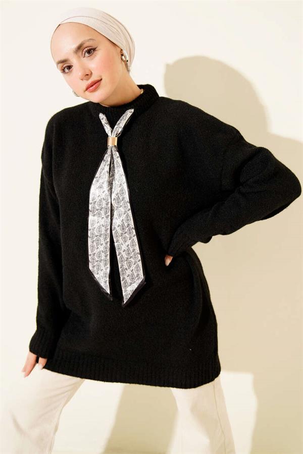 Soft Knit Tunic with Neck Scarf, Black