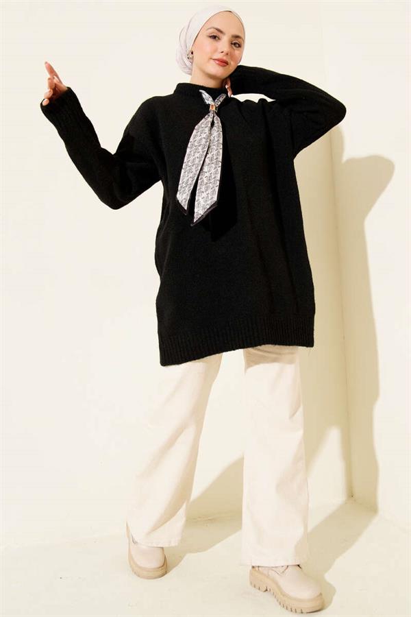 Soft Knit Tunic with Neck Scarf, Black