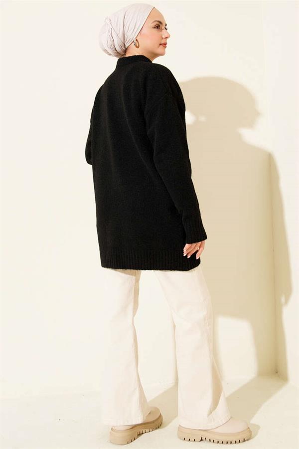 Soft Knit Tunic with Neck Scarf, Black