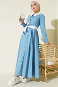 Full-Length Dress with Collar Trim and Metal Buttons, Light Blue