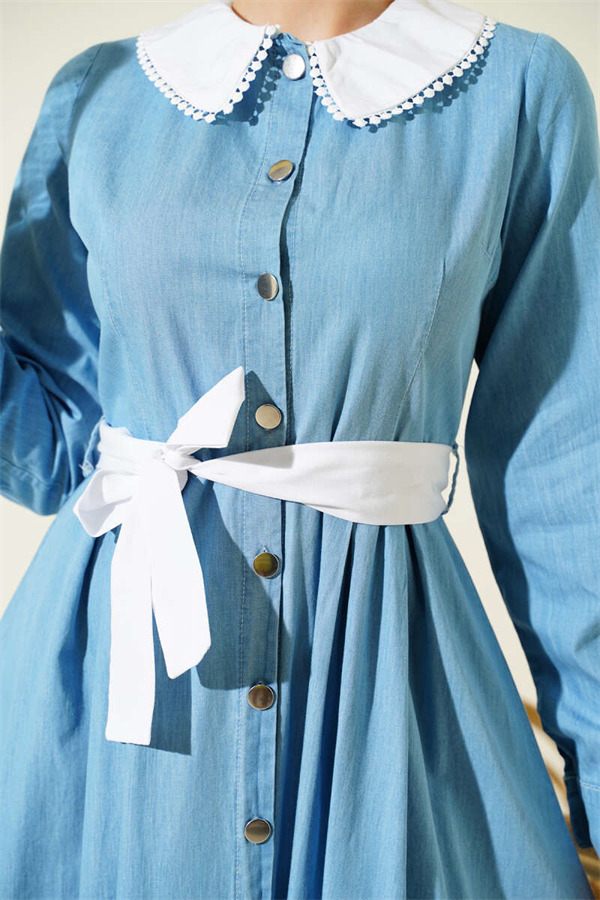 Full-Length Dress with Collar Trim and Metal Buttons, Light Blue