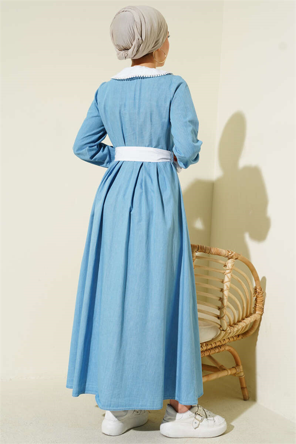 Full-Length Dress with Collar Trim and Metal Buttons, Light Blue