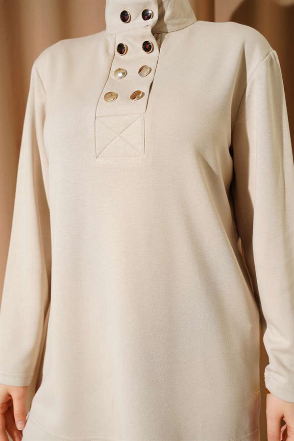 Gold Buttoned Collar Loysha 2 Piece Set Beige