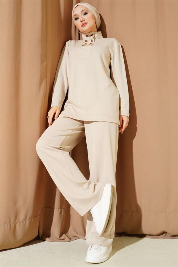 Gold Buttoned Collar Loysha 2 Piece Set Beige