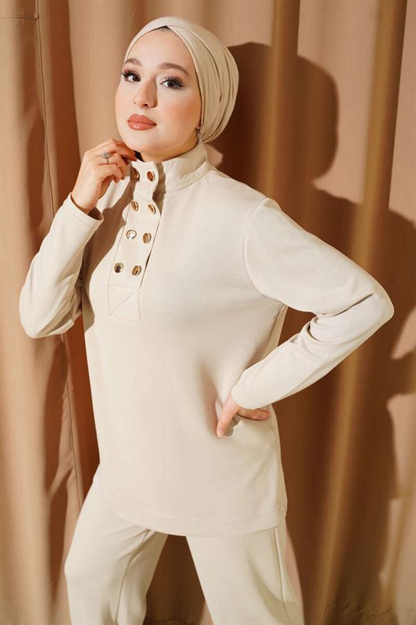 Gold Buttoned Collar Loysha 2 Piece Set Beige