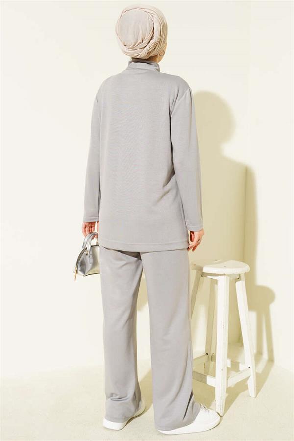 Gold Buttoned Collar Loysha 2 Piece Set Gray