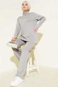 Gold Buttoned Collar Loysha 2 Piece Set Gray