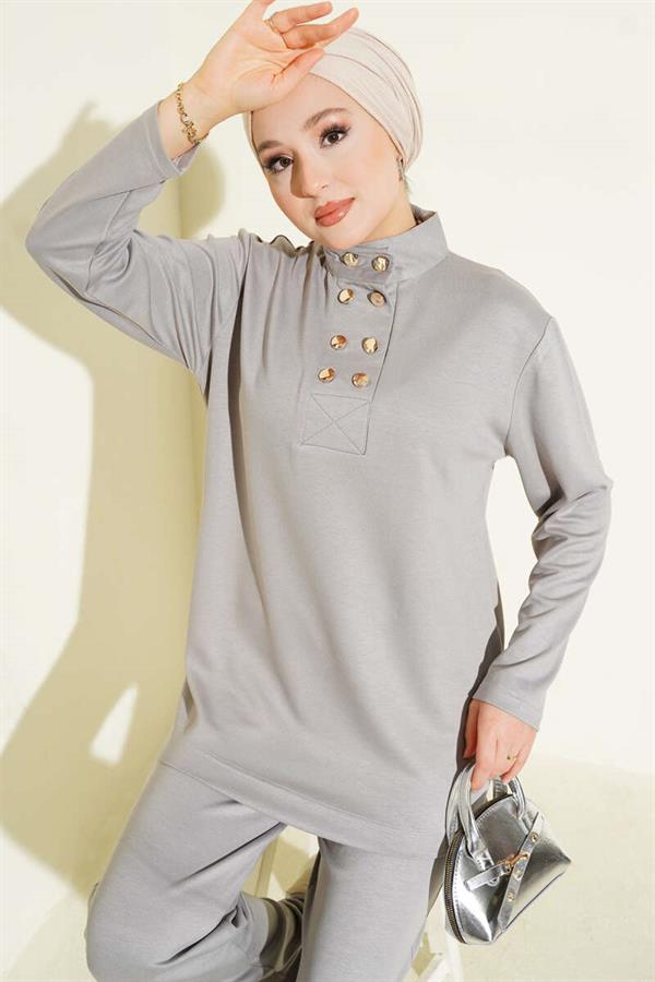 Gold Buttoned Collar Loysha 2 Piece Set Gray
