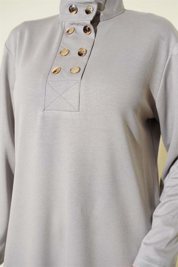 Gold Buttoned Collar Loysha 2 Piece Set Gray