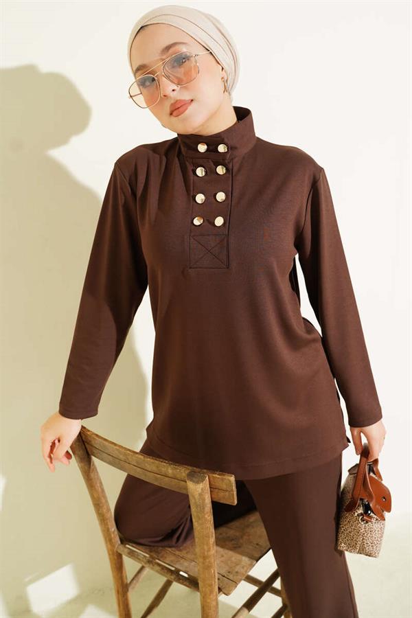 Gold Buttoned Collar Loysha 2 Piece Set Brown
