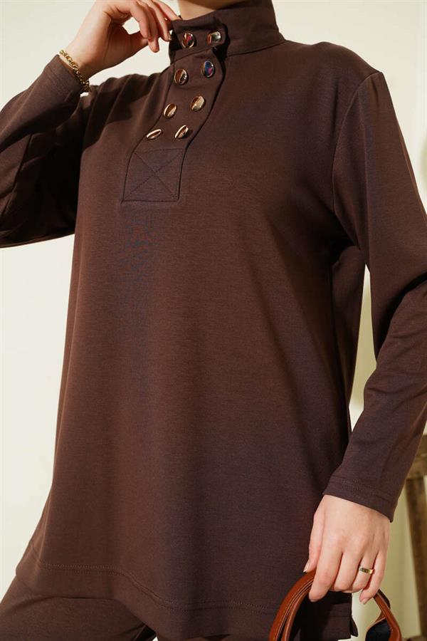 Gold Buttoned Collar Loysha 2 Piece Set Brown