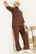 Gold Buttoned Collar Loysha 2 Piece Set Brown