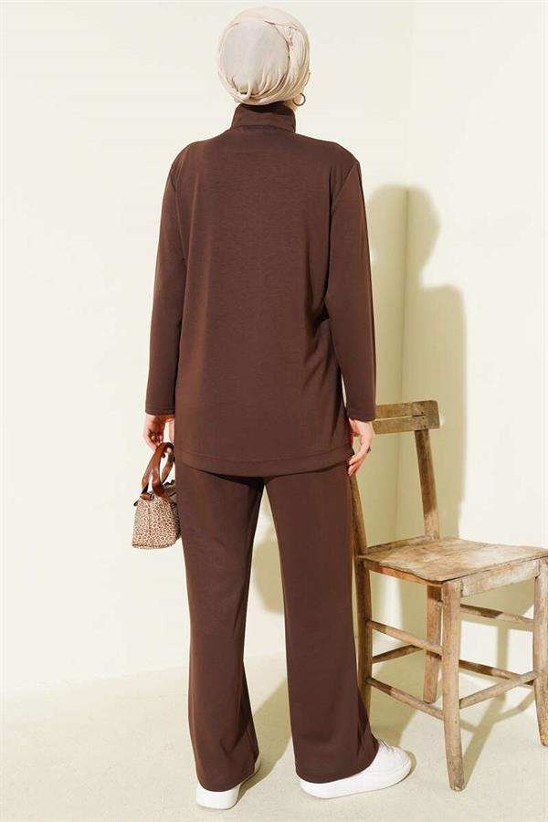 Gold Buttoned Collar Loysha 2 Piece Set Brown