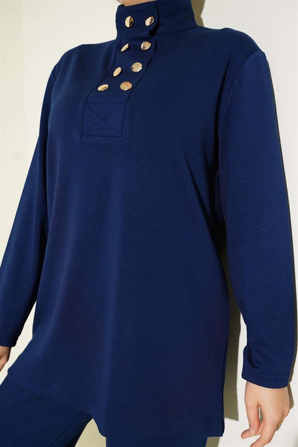 Gold Buttoned Collar Loysha 2 Piece Set Navy Blue