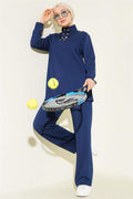 Gold Buttoned Collar Loysha 2 Piece Set Navy Blue