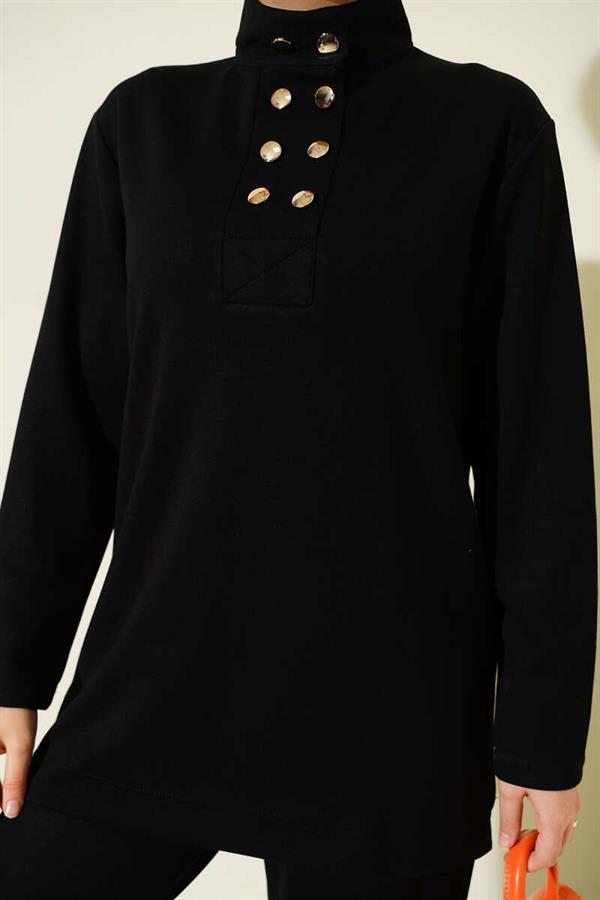 Gold Buttoned Collar Loysha 2 Piece Set Black