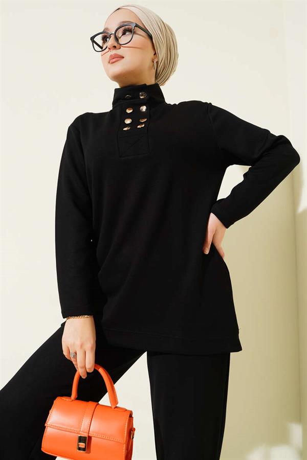 Gold Buttoned Collar Loysha 2 Piece Set Black