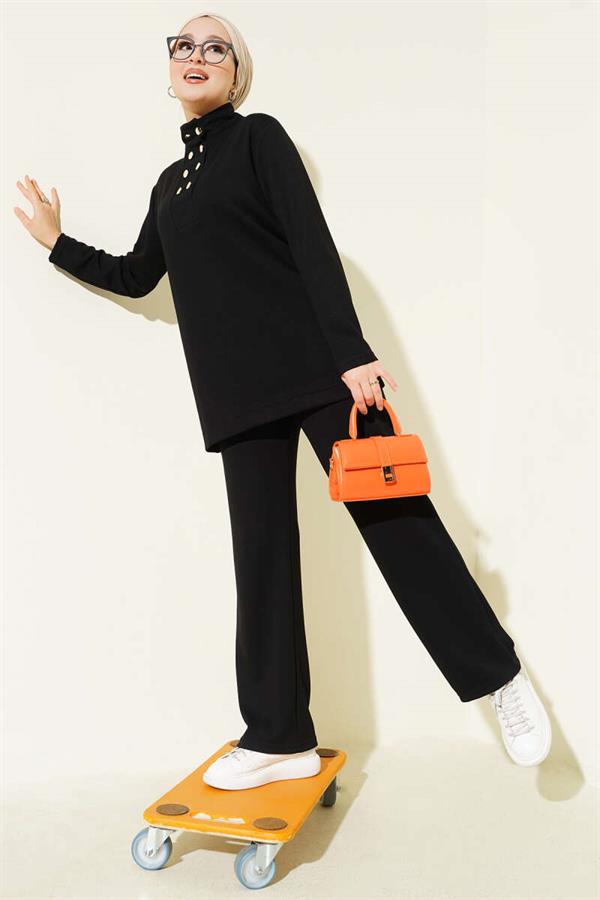 Gold Buttoned Collar Loysha 2 Piece Set Black