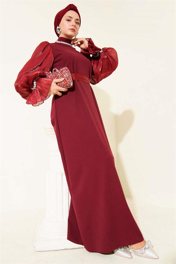 Pearl Detailed Belted Evening Dress Burgundy